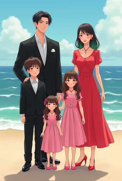 Create a family with the following traits ! 
Father wears black suit black trousers and short black hair and black shoes
Mom wears a red dress shirt wears a cross necklace and Korean model hair in green and pink heels
The first boy named Samsul wears black...