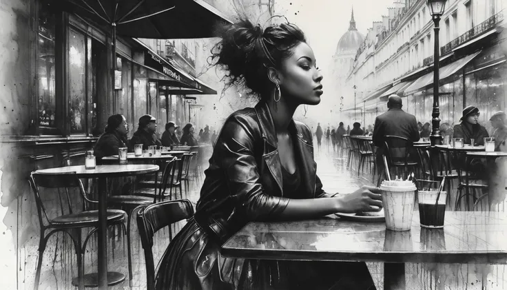 Charcoal drawing, crayons, black pencil drawing, pencil drawing, black and white drawing, graphite drawing,
Poster, close-up, Full length, stunningly beautiful young black woman sitting in a Parisian street cafe, portrait by Willem Henraets, watercolor, we...