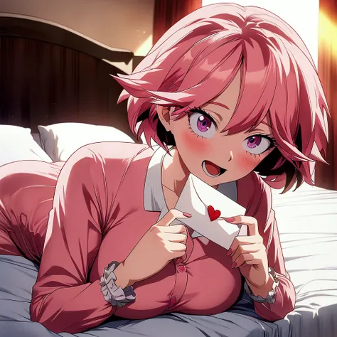 1 female, holding a love letter, excited expression, short pink hair, violet eyes, long eyelashes, large breasts, pink pajamas, correct anatomy, (on a bed), golden hour, blurry background, highly detailed, masterpiece, ultra HD, anime style, ((My Hero Acad...