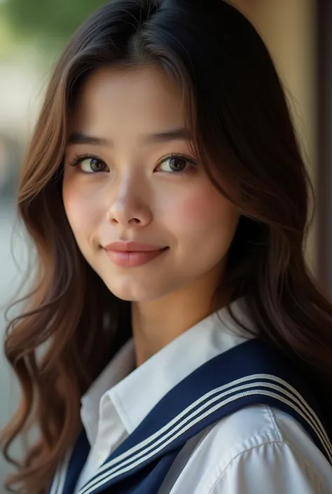 Spanish filipina teen girl with brown wavy hair and very beautiful wearing a school uniform
