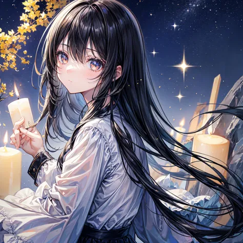 A girl, black hair, straight hair, empty eyes, ((looking at a candle)), from side, sparkle, under the starry sky