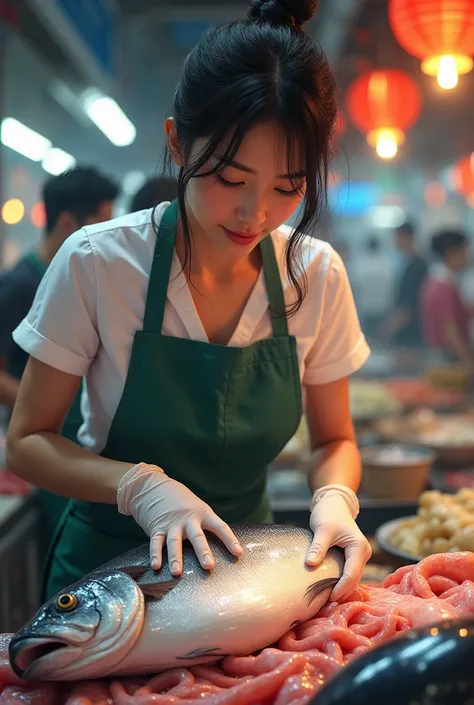 Beautiful Young Woman Wearing Apron Rubber Gloves Dissecting Fish Belly Woman With White Skin At Fish Market