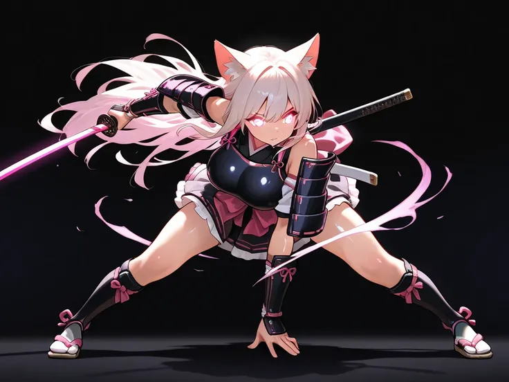 1girl,solo,gleaming skin,shiny skin,natural face,long hair,cat ears,glowing eyes trail,,large breasts,beautifully shaped breasts,japanese armor,breast armor,githic skirt,holding a katana,blue neon light,samurai cat girl,fighting motion, crouch down , dynam...