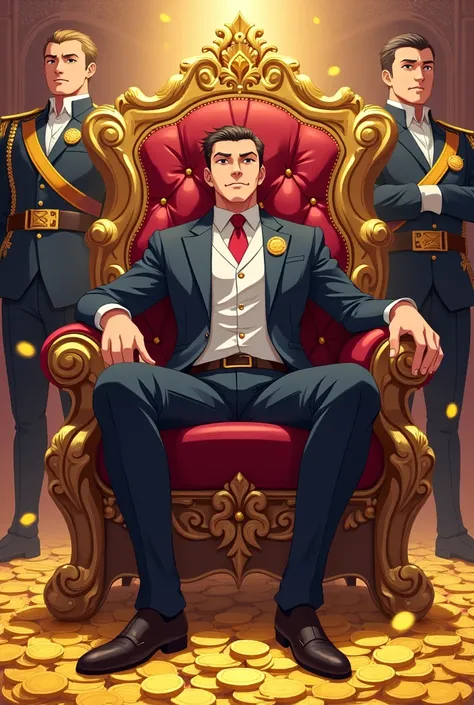 Man sitting on throne looking side , with some guards beside him 
with Gold  coins around him.ANIME CARTOON STYLE 