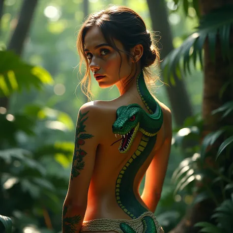 a beautiful woman with tanned skin ,  on its back a tattoo depicting a big green snake, The snakes head becomes real and opens its mouth ,  in the background of a tropical forest  