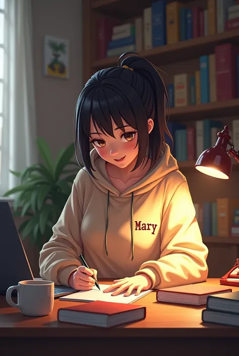 Great! I have a clearer idea now. Heres a description for the image:

"A girl with her hair styled in a ponytail, wearing a cozy hoodie, sitting at a study table. The table is filled with textbooks, a laptop, notebooks, and a cup of coffee. The room is war...