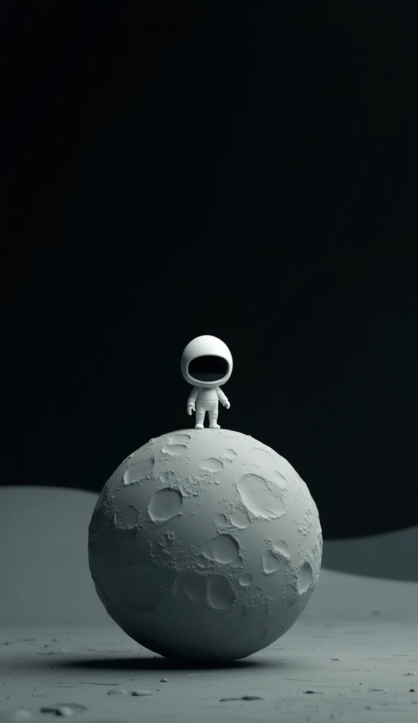 A round, small moon in the middle of space ,  and an astronaut with a smaller, round head standing on top of that moon