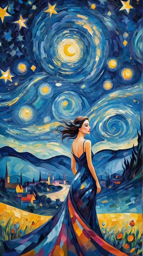 (best quality,realistic,highres:1.2),soft toned, oil painting,impressionistic strokes,From Cubism, Fauvism to Surrealism and Abstractionism, woman, their art concept and pattern all have been embodied in fashion design.Starry Sky background