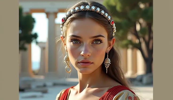 Greek-Roman charming girl of Slavic appearance, looks like Olga Buzova in a traditional Greek, silk outfit, on the head headband decorated with precious stones in the ears earrings she looks at the camera close-up on the background of the temple with colum...