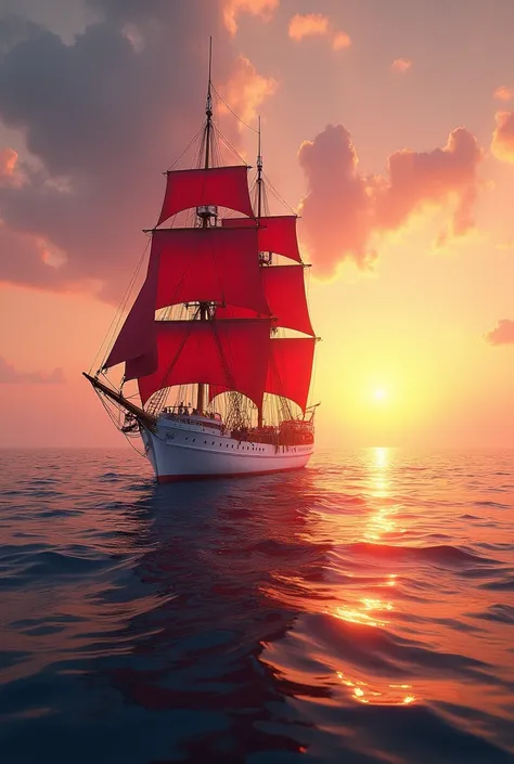 Sea at sunset. A white ship with scarlet sails on the waves