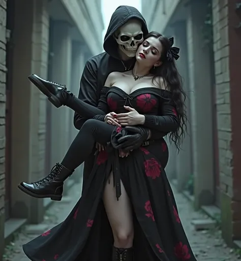 Two people hugging each other.  mans hooded skeleton face , short black jacket ,  black shirt black pants , black sneakers hugging each other . gothic woman,  eyes closed , beautiful legs, Long, high boots,  Big boobs , long , Floral skirt,  black hair,  l...