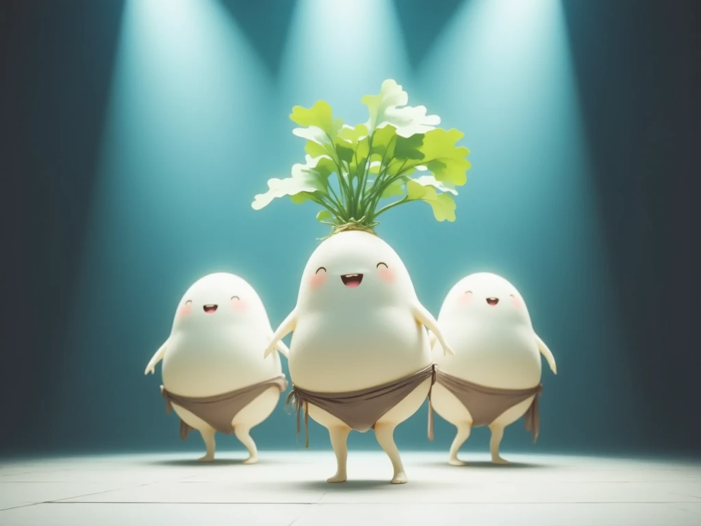 masterpiece, (3mini-daikon characters) are dancing fon the stage, under the neon spot light,from side, happy moment,best quality, digital art ,8k