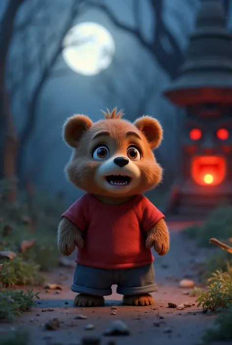 A 3d pixar style cute bear cub with a small hair mane and expressive ,scared and scary eyes,wearing a red shirt and grey Shorts, mind night and moonlight. Yajna ke beech ek purana idol tha, jisme se laal roshni nikal rahi thi.