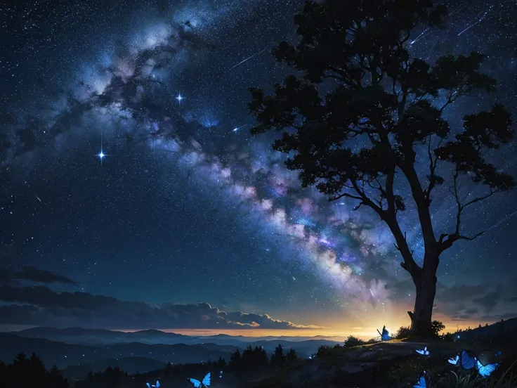 masterpicece, best quaility, black night, clear sky, shooting star, shining blue butterfly, starlight, old tree, fantastic, Detailed background depiction