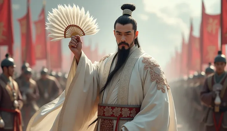 Realistic Zhuge Liang middle age showcasing brilliance and wisdom face chinese ancient white costume signature crane cloak with flowing lines and delicate patterns highlight refind aura , iconic headdress, leadership charisma ,standing rise his arm holding...