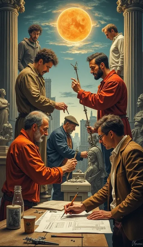 "An artistic montage featuring a painter with a brush, a sculptor chiseling a statue, an architect examining blueprints, a scientist with laboratory equipment, and an inventor tinkering with mechanical gears. The background showcases elements of Renaissanc...