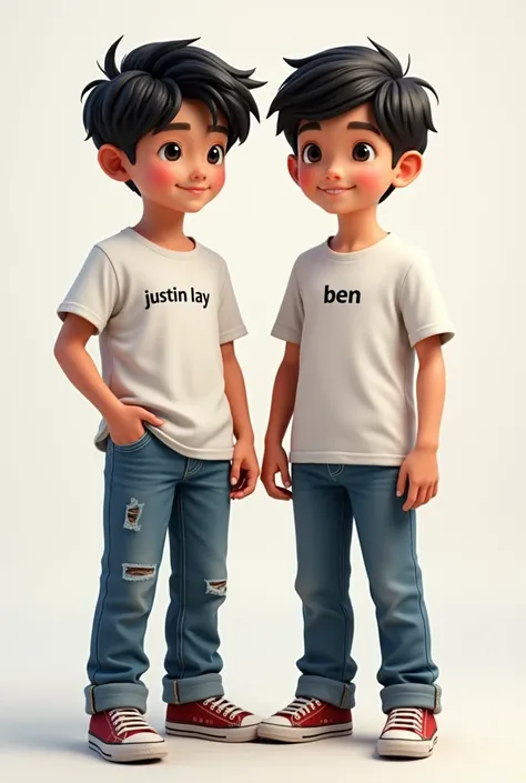 Buat ciri ciri ini
Ada 2 anak laki laki
1.  Boy wearing a white T-shirt with a print  "JUSTIN LAY" and blue jeans and black hair
2 .  Boy wearing a white shirt "Ben"  wearing blue jeans and dark hair 