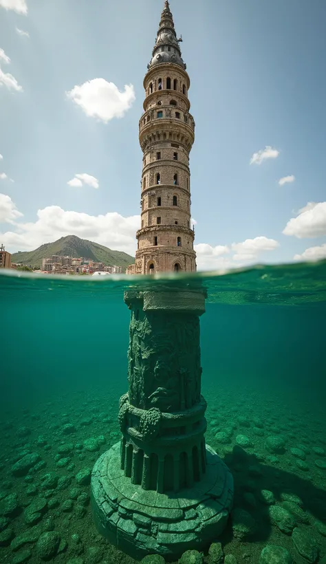 conceptual installation real art ,  Gigantic Tower of Babel with a Northern Renaissance style and an extremely delicate sculpture,  beautiful emerald green sea half sunk at the bottom of the ocean ,  cyberpunk city , galaxy, various effects,  contrasts of ...