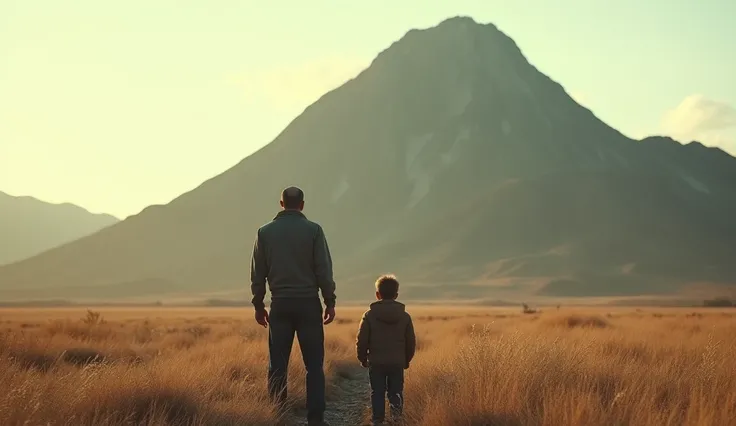 A wide shot of a large, barren mountain in the distance under a clear sky, with a middle-aged man and young boy standing in the foreground. They are looking towards the mountain, which looms imposingly ahead, adding a sense of foreboding. The lighting is s...