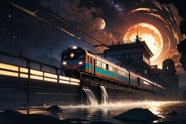 Transcending time and space 、((A train surrounded by a vortex of light and a flood of color )),非常に詳細なモノクロのmasterpieceイラスト、universe,Milky Way, Sci-fi , photorealistic showing panties、( best quality、4K、8k、High Resolution、masterpiece: 1.2)、 super detailed