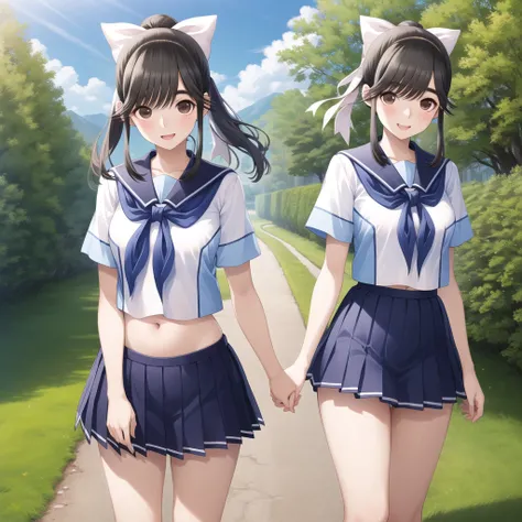 masterpiece,  best quality,  high definition , Amanaka ,  long hair,  ponytails bleeding from the vagina,  hair bow, Seraph,  white shirt, Short sleeve,  sailor collar , blue neckerchief,  pleated skirt ,  blue skirt ,  standing,  cowboy shooting alone, sm...