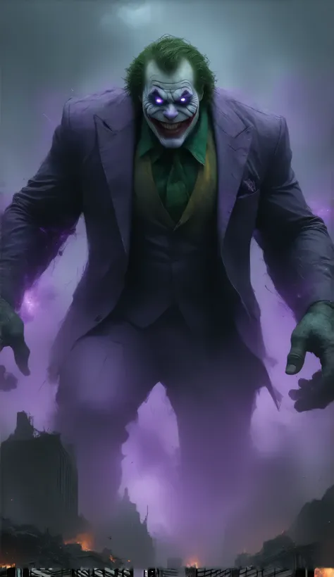 A colossal monster created from the fusion of Joker and Hulk stands in the middle of the ruined city. The creature is a giant, green, muscular beast, with Joker’s maniacal grin twisted on its face and vibrant purple streaks running through its skin. Its bo...