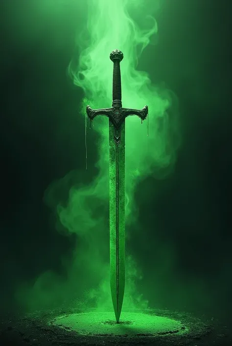 Please generate a poster sized Instagram post. It must have a dual sword in the middle... blood dripping from it. The rest of the poster must be covered with green magic, like green dust and make it bright.