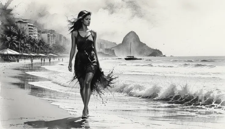 charcoal drawing, wax crayon, pencil drawing preto, pencil drawing,  black and white cartoon, graphite drawing, portrait, close-up,  full body , Beautiful young woman walking by the beach in Rio de Janeiro , portrait de Willem Henraets aquarela molhado- té...