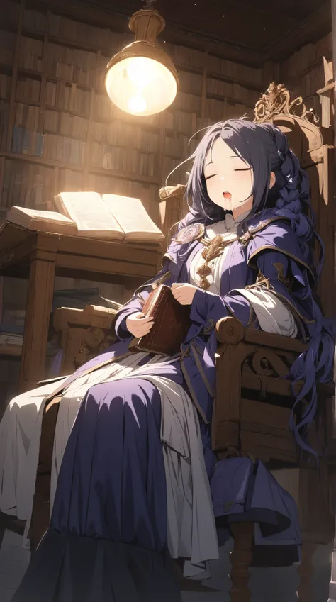 1 girl, (cute face), 18 years old, to many hairstyle, (sleeping:1.3), (drooling), small breasts, wearing fantasy game style Mages Clothes, for glossy skin, Sitting chair, leaning back, cowboy shot, Break 
medieval Library, spellbook on the desk, (high-key ...