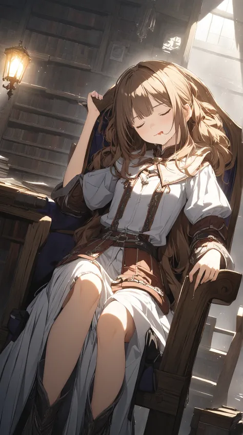 1 girl, (cute face), 18 years old, to many hairstyle, (sleeping:1.3), (drooling), small breasts, wearing fantasy game style Mages Clothes, for glossy skin, Sitting chair, leaning back, cowboy shot, Break 
medieval Library, spellbook on the desk, (high-key ...