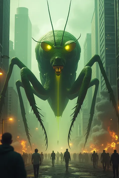 Giant radioactive mutant mantis raging and roaring attacking the city 