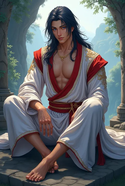 A very handsome man with long hair, blue eyes, a seductive and sexy look and a smile looking at you, sitting on a stone in long white and red clothes, muscular but not so much., Make it look like Manhua Bl anime