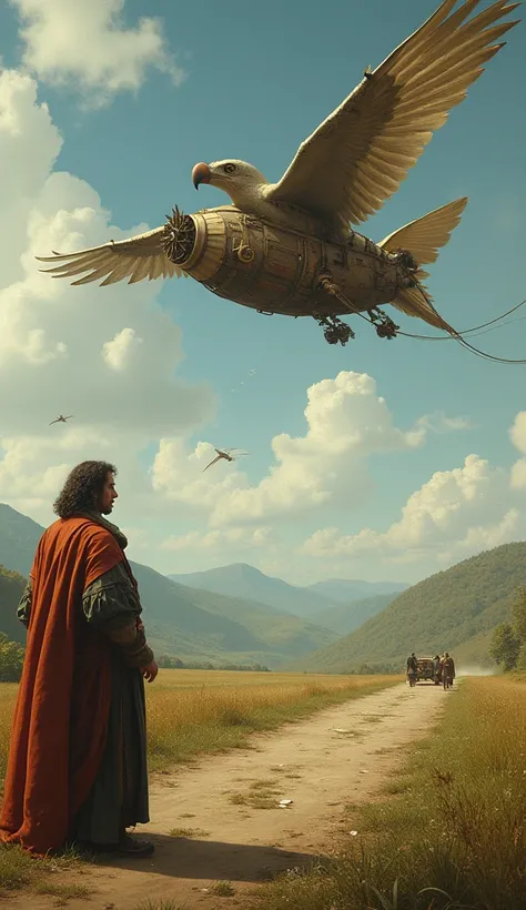 Failed Flight :  Ornithopter prototype falls off a small runway ,  with Leonardo observing while noting its design errors.