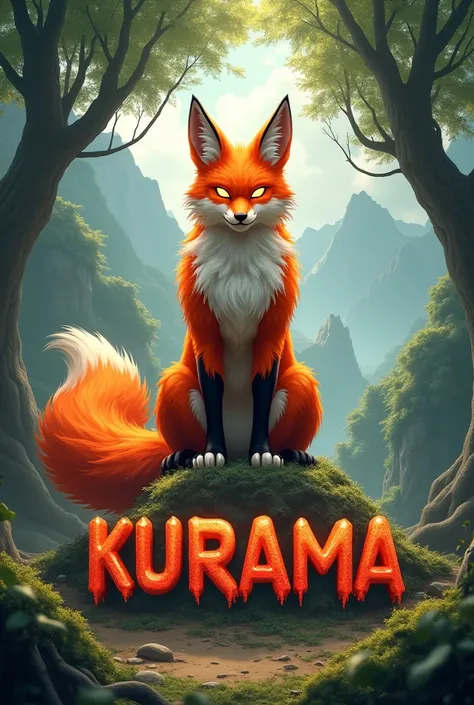 KURAMA OF NARUTO sits on a 3D that spells out KURAMA. the name is all visible. facing frontview,  background is in forest, mountains and trees