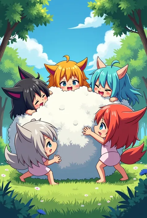 An anime-style comic depicting many animal-girls playfully wrestling with each other inside a park comical fight cloud.
each animal-girl has different  colored hair.
their faces,hands,and feet are visible emerging from the cloud as they tussle humorously, ...