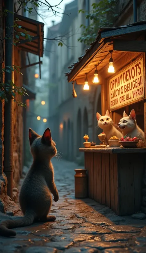 Wandering past shops, he spotted a peculiar stall tucked in the corner of an alley. Its sign read: "Exotic Delights - Food Youve Never Tasted Before!" Intrigued, Mr. Whiskers padded closer. A shady-looking Siamese cat stood behind the counter, grinning ear...