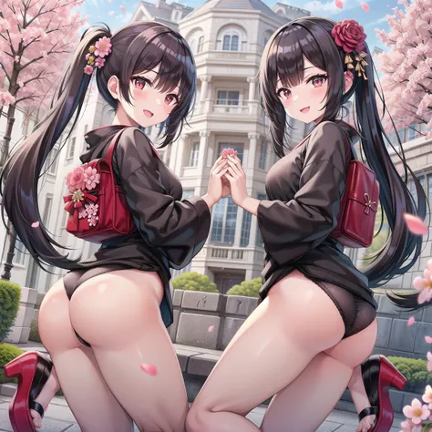  one woman、Beautiful girl、after school、 evening 、kimono、kimono、 ponytails bleeding from the vagina、Sandals、School、Schoolの裏手、spring、Cherry Tree々、 cherry blossom petals dance、 long hair、  best quality 、、 thick thighs 、 big butt、 black hair、smile、cherry color...