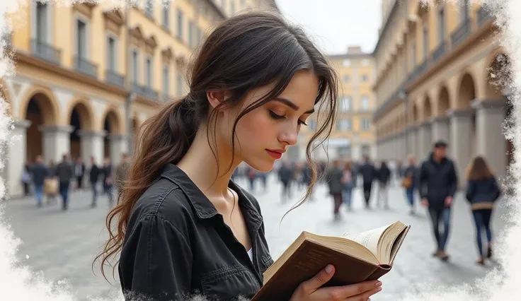 Charcoal drawing, crayon, black pencil drawing, pencil drawing, black and white drawing, graphite drawing, portrait, close-up, full body, beautiful young woman reading a book in a square in Rome, portrait of Willem Henraets watercolor wet- on-wet technique...