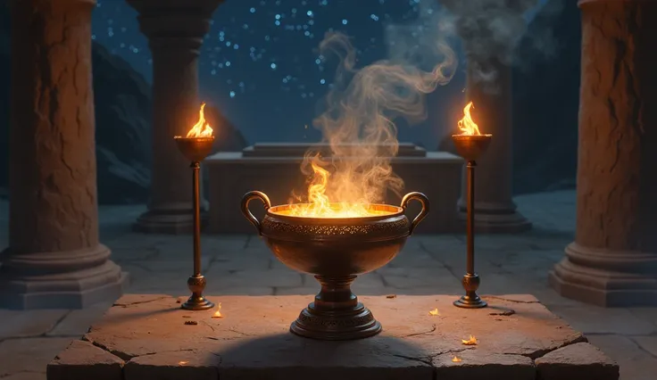 Image showing a brazier from biblical times releasing smoke, and a torch of fire; an altar and night sky in the background;