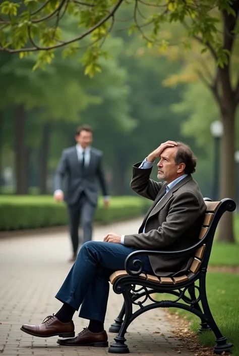 A ultra hd image of "The curious man is shown sitting alone on the bench, scratching his head with a confused expression. The clever man is walking away in the background, waving goodbye with a victorious smile."