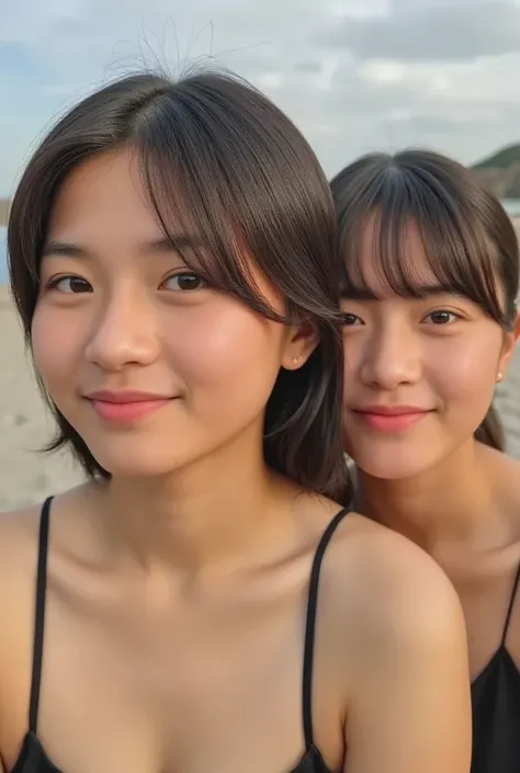 3girls, selfie, bokeh, cowboy shot, bangs, light smile, mole, shiny skin, masterpiece, best quality, ultra quality, high quality, realistic, photo realistic, RAW photo, hyper detailed, intricate detailed, summer, beach, sunset,