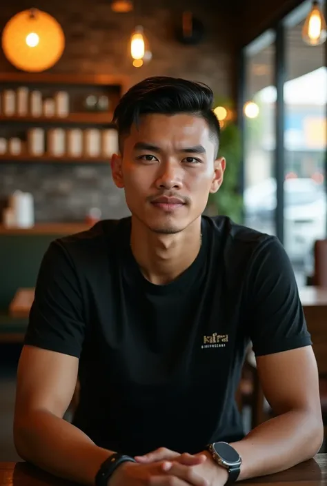 portrait of a 25 year old Indonesian man full body with hair, black branded shirt, short undercut, sitting in a coffee cafe, Nikon D850 Sigma 105 mm f/1.4 DG HSM art