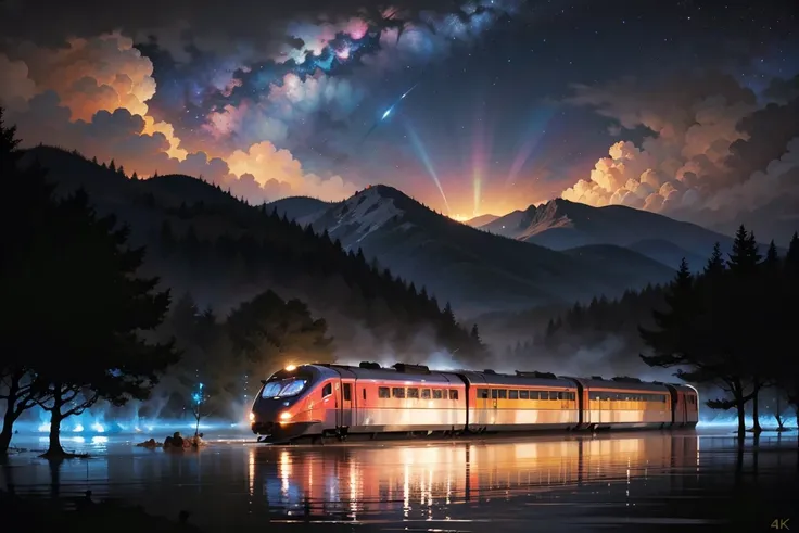 Transcending time and space 、((A train surrounded by a vortex of light and a flood of color )),非常に詳細なモノクロのmasterpieceイラスト、universe,Milky Way, Sci-fi , photorealistic showing panties、( best quality、4K、8k、High Resolution、masterpiece: 1.2)、 super detailed