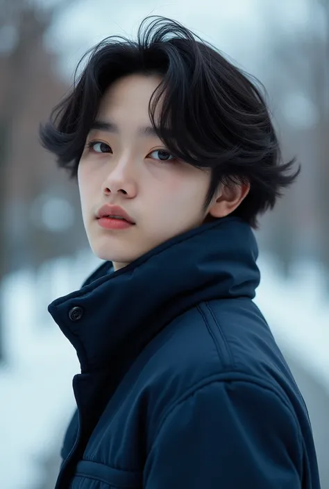 A beautiful teenage boy with medium hair and a Korean hairstyle wearing a dark blue winter jacket that is often included with plain black fabric pants