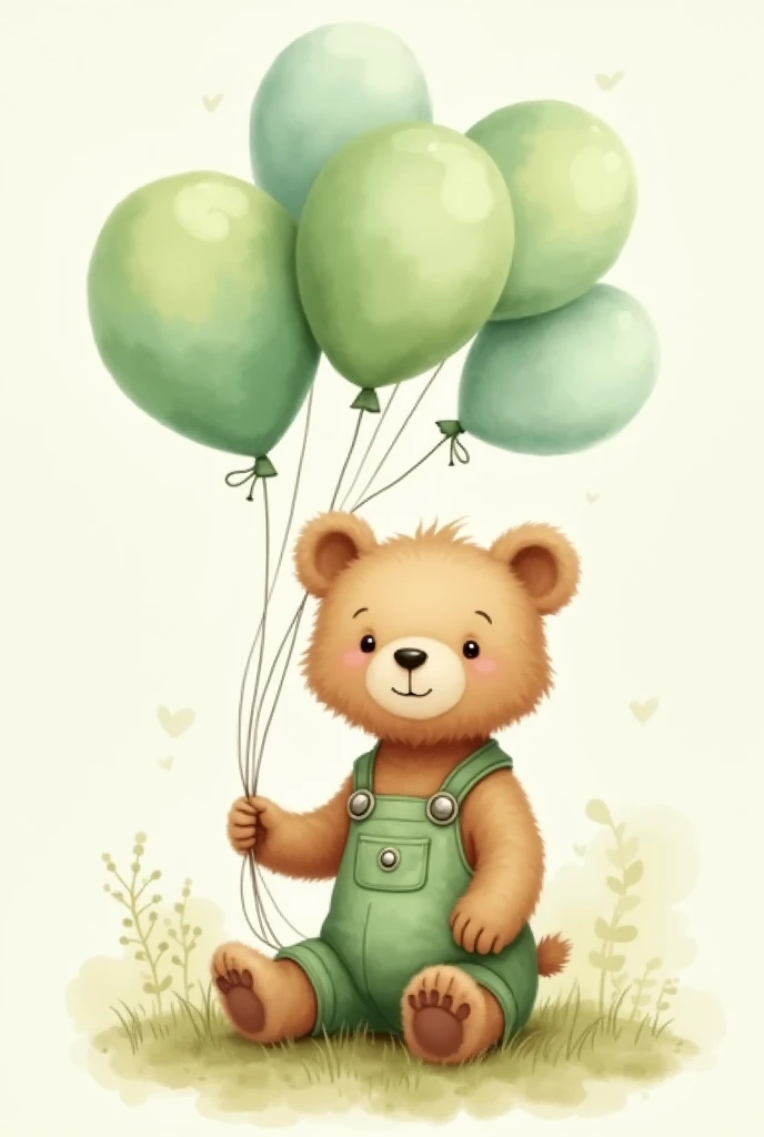 Happy cuddly and skinny little bear sitting,  in shades of light brown watercolor ,  wearing a light green jumpsuit and holding several balloons in shades of green watercolor