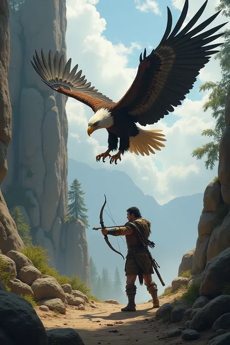 The figure is hit by an eagle that transforms into an eagle shooting an archer