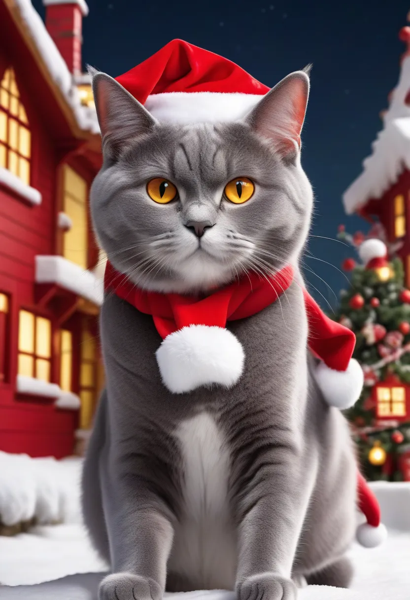 High image quality、A close-up of a grey cat、Close-up image of the whole body、 is facing this way。 Looking at Camera 、 That cat is sitting up the stairs next to a red building in England、That cat has bright yellow eyes 、Plump Mouth、The cat is dressed as San...