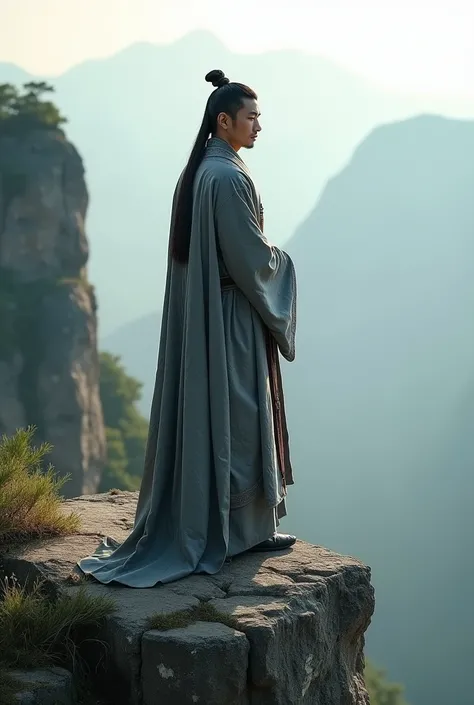 Mong Chinese young man, 35 years old, 1500s Chinese priest standing on a cliff, sharp image 