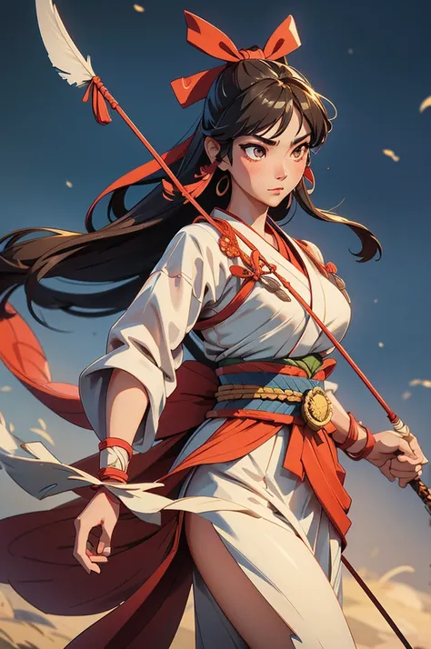 A full-body depiction of Kushinadahime, a master archer from Japanese mythology (nihonshinwa), poised with her massive five-person war bow. She stands gracefully, traditional royal attire flowing around her, adorned with intricate patterns. Her focused gaz...