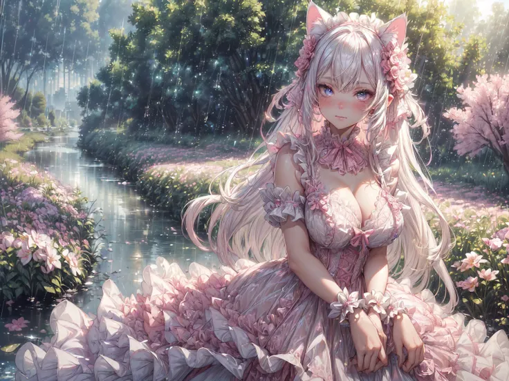 (cat girl, solo focus:1.5), beautiful gorgeous captivating cute adorable princess, (blushing:1.5), nose blush, (pink eyes:1.5) , (((hyper detail delicate beautiful eyes , big eyes, clear eyes, extremely detailed))), (soft thin lines:1.2, beautiful, delicat...